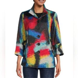 Ali Miles Printed Abstract Collared 3/4 Sleeve Button Down Jacket Size: M
